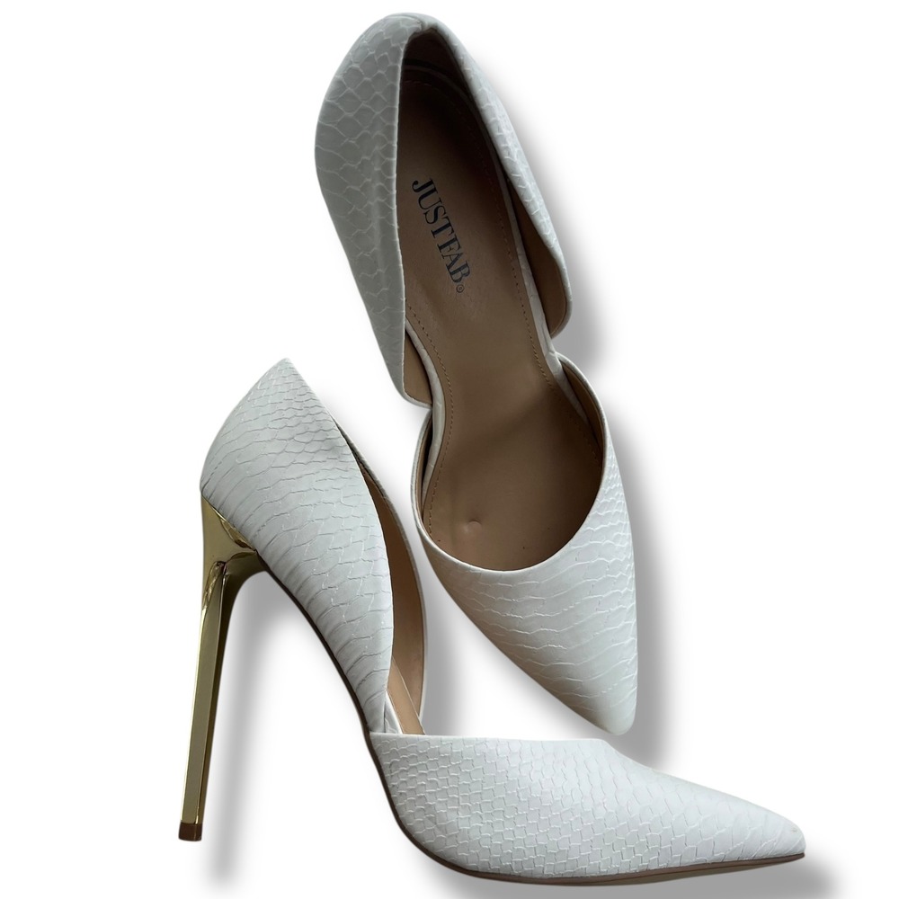 JUST FAB Women 9.5 White Gold Embossed Snakeskin Pointed Toe D'orsay Monika Heel